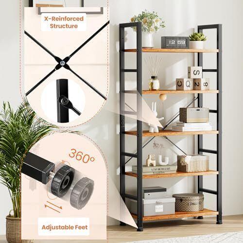 Sweetcrispy Book Shelf 5 Tier Bookcase Modern Tall Bookshelf for Garage Kit C...