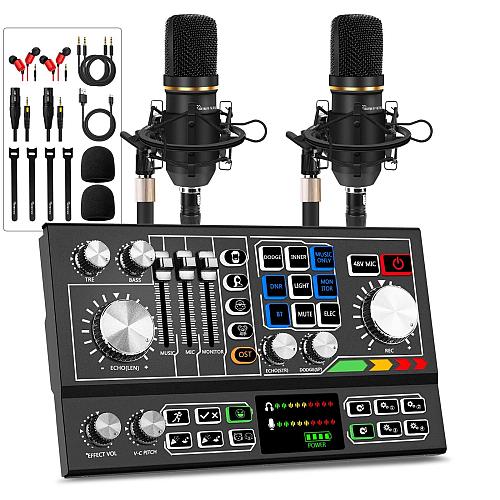 Podcast Equipment Bundle for 2 Audio Mixer with Condenser Microphone and 48V ...