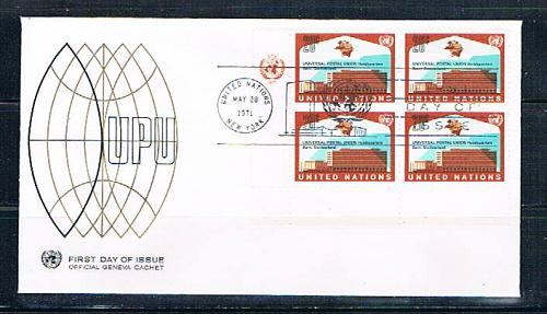 UN 219 FDC Blk 4 NY UPU Geneva Cachet 1971 (UNCV0355)+