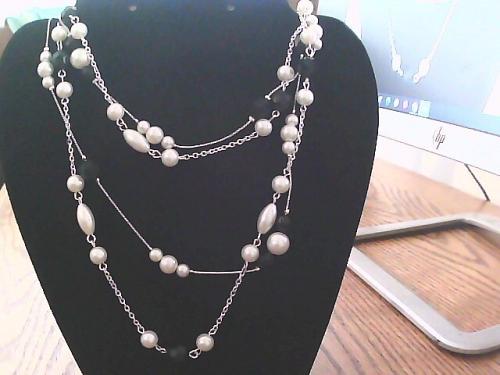 Long Silver Tone 2 Strand Necklace with Stationed Black White Beads