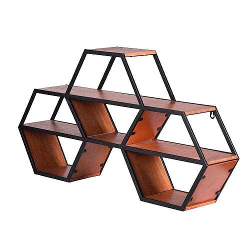 18 in. H x 33 in. W x 6 in. D Hexagonal Wood and Metal Floating Shelf