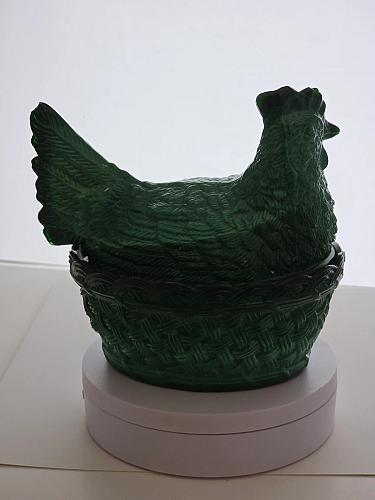 Jade Malachite Glass hen on nest with lid Bowl