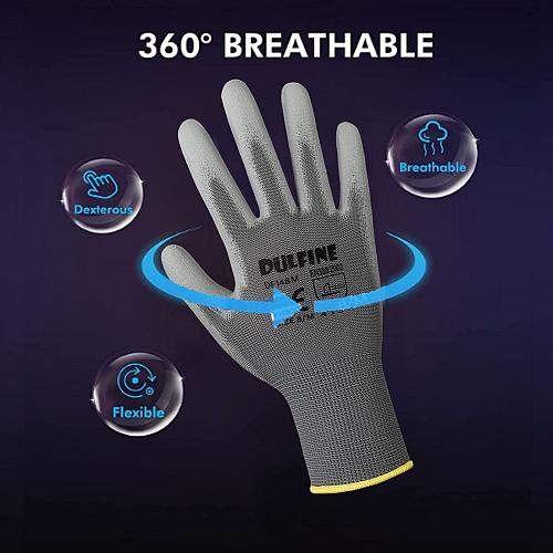 DULFINE Safety Work Gloves PU Coated-12 PairsGrey Seamless Knit Glove with Po...