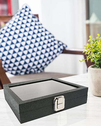 Novel Box Jewelry Display Case Black Leatherette 8.25x7.25x2 Half Size Glass ...