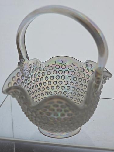 L.E Smith Glass scoloped opalescent hobnail basket
