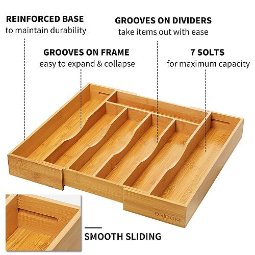 oridom Expandable Bamboo Kitchen Drawer Organizer for Cutlery and Utensils Ad...