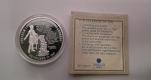 Abraham Lincoln Commander in Chief Coin Medal CU Silver Plated, 2008