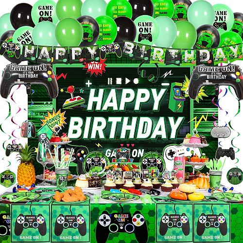 VOFGODI Video Game Birthday Decorations 254 Pcs Green Gaming Party Supplies f...