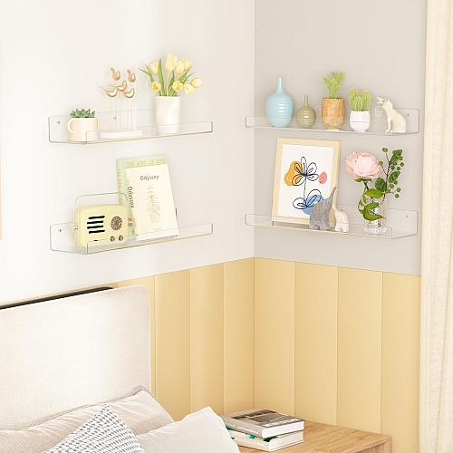 upsimples 6 Pack Acrylic Shelves for Wall Storage 15" x 4“ Floating Bookshelv...