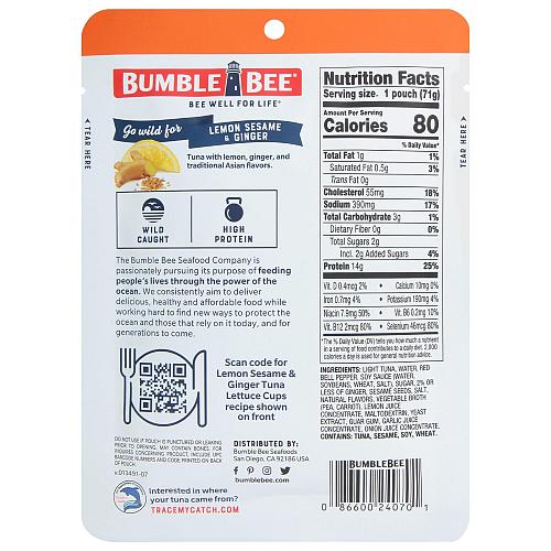 Bumble Bee Lemon Sesame & Ginger Seasoned Tuna 2.5 oz Pouches Pack of 12 - Re...