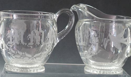 Cut Glass sugar and creamer, etched with initials MMM and bird