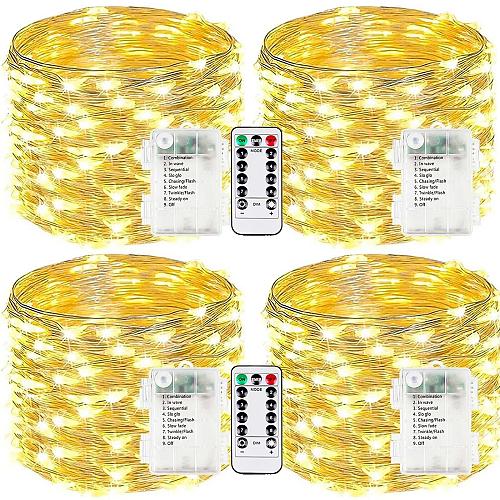 4-Pack Fairy Lights Battery Operated with Remote Waterproof 33FT 100 LED Batt...