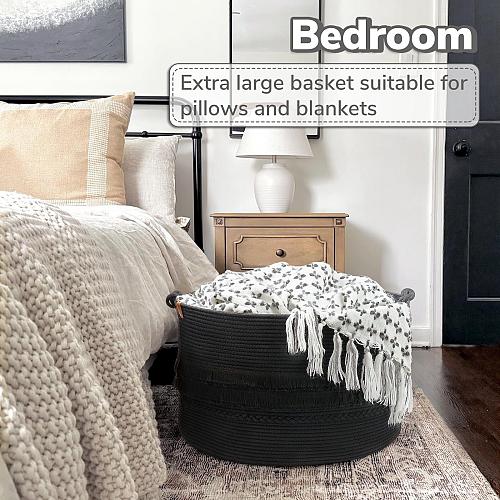 CherryNow Extra Large Black Laundry Basket Rope Storage Basket for Bathroom B...