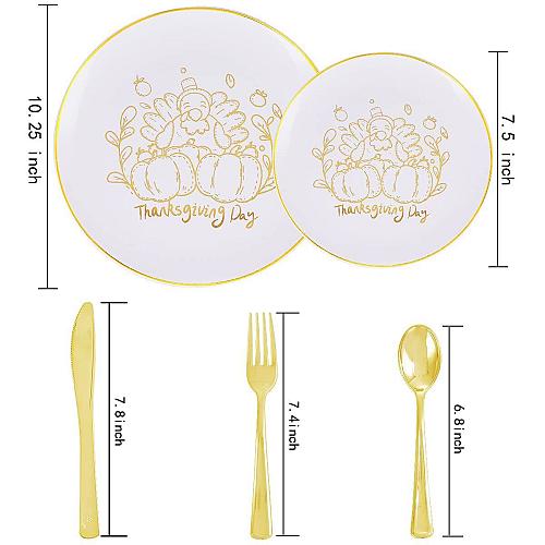 YOUBET 125PCS Thanksgiving Plastic Plates - Fall Plastic Plates with Gold Rim...