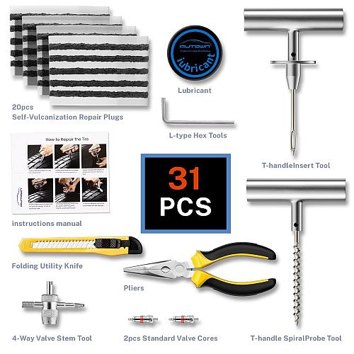 AUTOWN Flat Tire Repair Kit with Plugs 31 Pcs for Car Motorcycle ATV Jeep Tru...