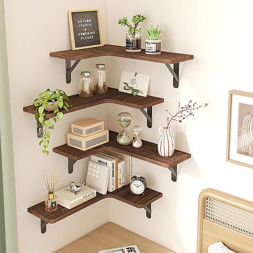 Fixwal Corner Floating Shelves Set of 5 Rustic Wood Wall Mounted Corner Shelf...