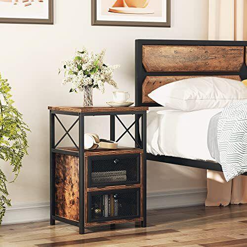 VECELO Modern Night Stand, End Side Table with Storage Space Set of 2, Brown