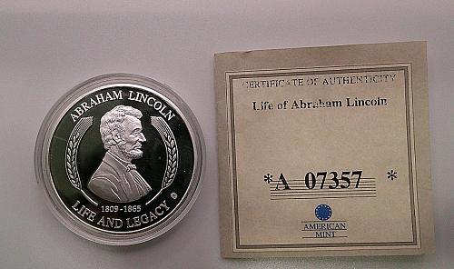 Abraham Lincoln Commander in Chief Coin Medal CU Silver Plated, 2008