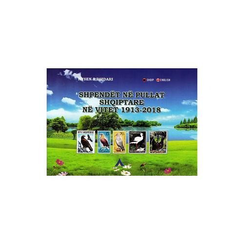 Birds in Albanian stamps in years 1913-2018. Albania and English language