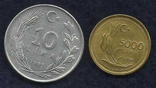 Turkey 5000 Lira 1998 Coin & Turkey 10 Lira 1985 Coin