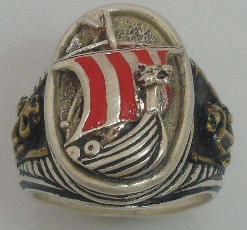 Viking Dragonship Mens silver ring