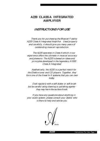 Musical Fidelity A220INT Operating Guide by download Mauritron #326856