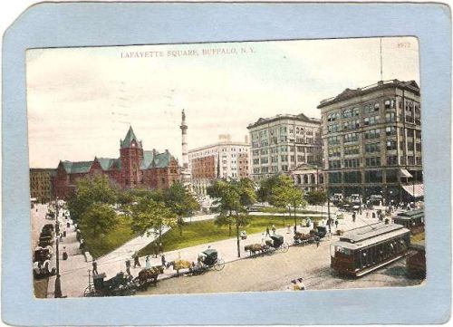 New York Buffalo Lafayette Square Street Scene w/2 Trolley Cars & Horses &~2605