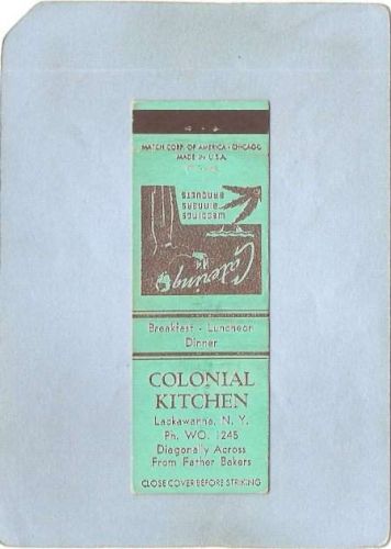 New York Lackawanna Matchcover Colonial Kitchen Diagonally Across From Fat~2390
