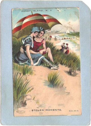 New York Coney Island Amusement Park Postcard Stolen Moments Man & Woman U~332