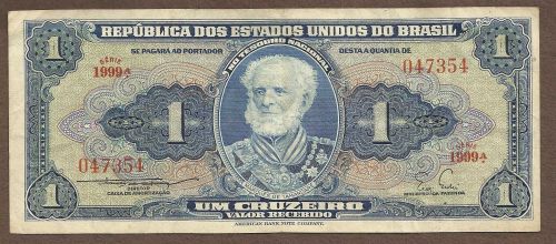 BRAZIL 1 CRUZEIRO 1954-58 Banknote 047354 Naval ACADEMY Circulated