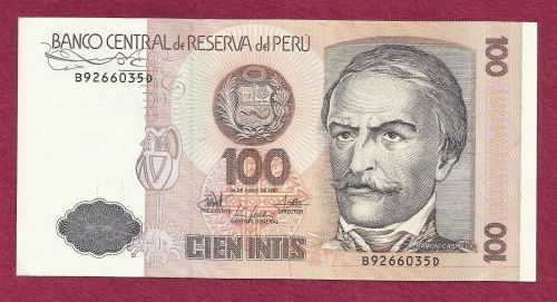 1987 Central Bank of Peru 100 Intis Banknote B9266035D