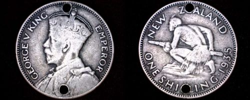 1935 New Zealand 1 Shilling World Silver Coin - Holed