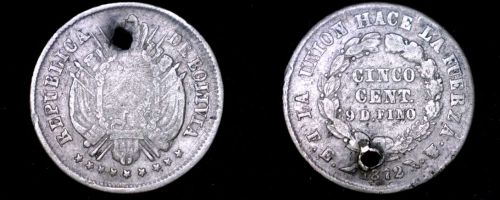 1872-PTS FE Bolivian 5 Centavo World Silver Coin - Bolivia - Holed