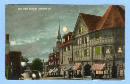 New York Tarrytown Main St Looking West Street Scene at Night w/Old Buildi~415