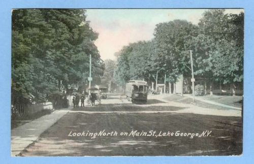 New York Lake George Looking North on Main St Street Scene w/Trolley Track~401