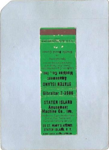 New York Staten Island Matchcover Staten Island Amusement Machine Co Inc 5~67