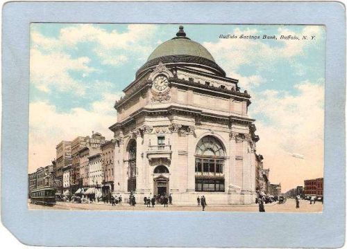 New York Buffalo Buffalo Savings Bank Street Scene Intersection w/Trolley ~2871