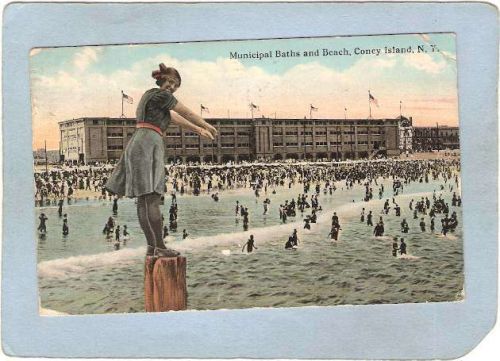 New York Coney Island Amusement Park Postcard Municipal Baths & Beach Cone~348