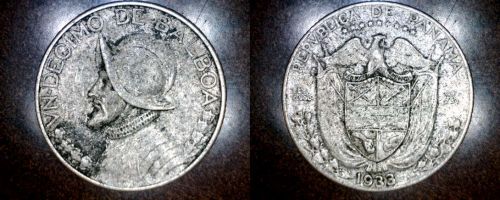 1933 Panamanian 1/10 Balboa World Silver Coin - Panama