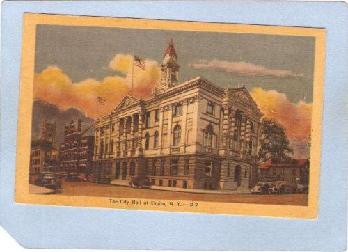 New York Elmira City Hall Street Scene Intersection w/Trolley Tracks Old C~1084