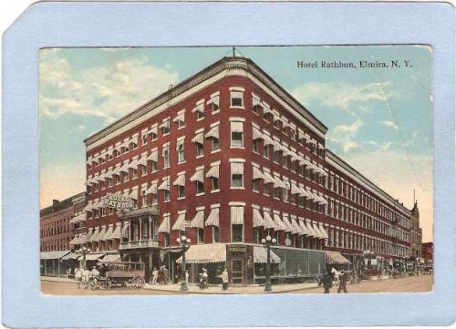 New York Elmira Hotel Rathbun Street Scene Intersection w/Horses & Wagons ~1057