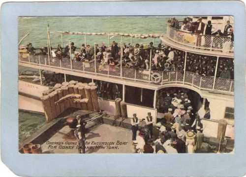 New York Coney Island Amusement Park Postcard Crowds Going On Excursion Bo~349