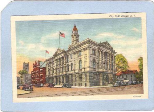 New York Elmira City Hall Street Scene Intersection w/Trolley Tracks Old C~1085