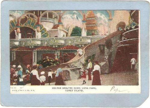 New York Coney Island Amusement Park Postcard Luna Park Helter Skelter Sli~432