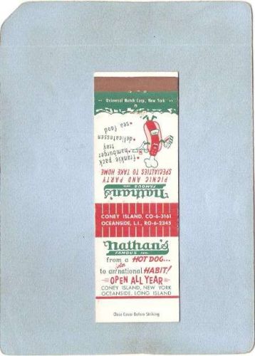 New York Coney Island Amusement Park Matchcover Nathan's Famous Inc w/Menu~479