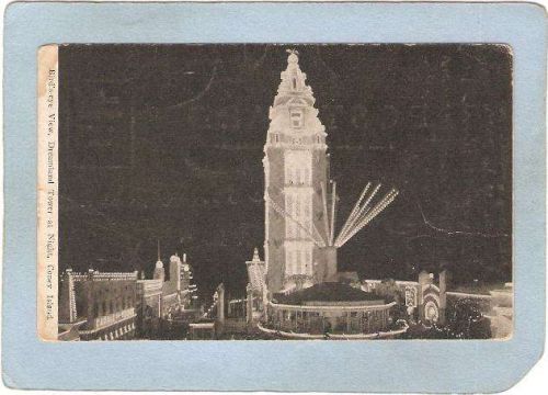 New York Coney Island Amusement Park Postcard Dreamland Tower At Night Bir~414
