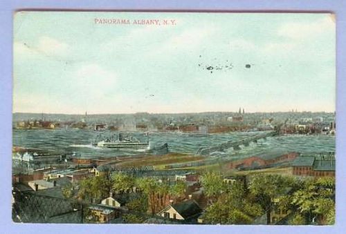 New York Albany Panorama View Of City And River w/Large Steamship On River~1