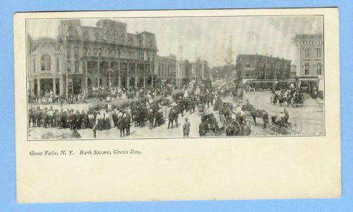 New York Glens Falls Bank Square Circus Day Street Scene w/2 Trolley Cars ~395