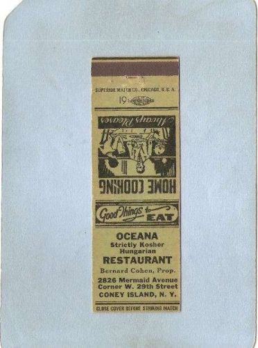 New York Coney Island Amusement Park Matchcover Oceana Strictly Kosher Hun~477