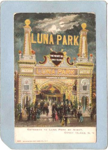 New York Coney Island Amusement Park Postcard Luna Park Entrance By Night ~420